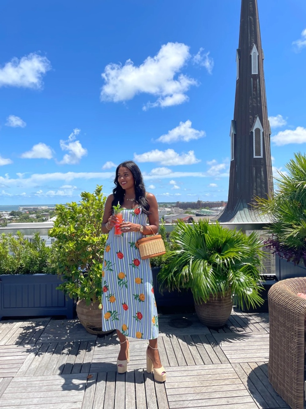 Katie Kime Floral Stripe Satin Slip Dress — Green Trim, Yellow & Red Roses